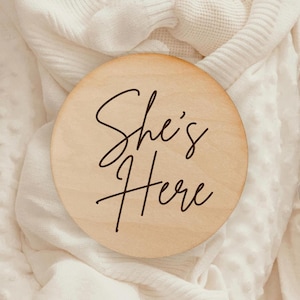 She&#39;s Here Birth Announcement Sign | Modern Baby Girl Wooden Keepsake | Newborn Photo Prop | Gender Reveal Sign | Fresh 48 Hospital Photos