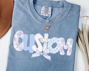 Custom Text Comfort Colors T-shirt, Personalized coquette bow Tee, Blue Patchwork Customizable Shirt, cute custom Gift Idea