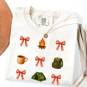 Cozy Camping T-Shirt, Adventure Lovers Tee, womens Nature Hike Shirt, girls summer camp bows tshirt, cute camp theme shirt