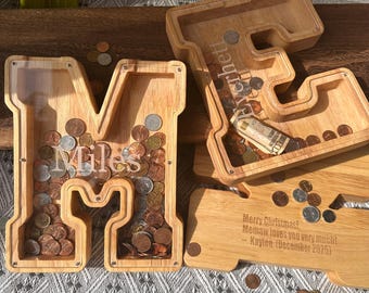 Personalized Name Large Piggy Bank,Custom initial Coin Bank with Name,Wooden Piggy Bank for Boys Girls,Nursery Decor,Birthday Christmas Gift