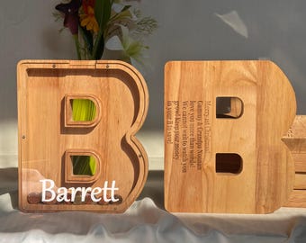 Personalized Large Wooden Kids Letter Piggy Bank Custom Name Coin Bank, ( Laser Engraved Name ) Wood Alphabet Letter Bank Money Box Birthday