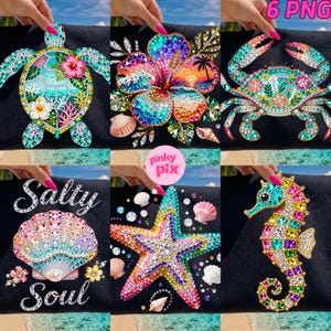 May include: A collection of six PNG images featuring colorful, bejeweled sea creatures and tropical flowers. Designs include a sea turtle, hibiscus flower, crab, seahorse, starfish, and a seashell with the words "Salty Soul".