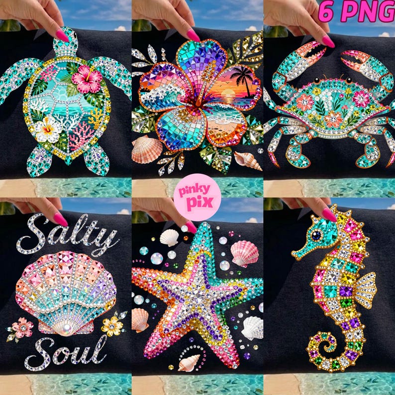 May include: A collection of six PNG images featuring colorful, bejeweled sea creatures and tropical flowers. Designs include a sea turtle, hibiscus flower, crab, seahorse, starfish, and a seashell with the words "Salty Soul".
