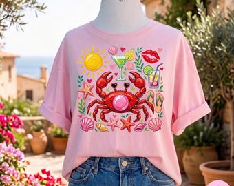 Summer Crab PNG: Retro Beach Tropical Vibes Digital Sublimation Design