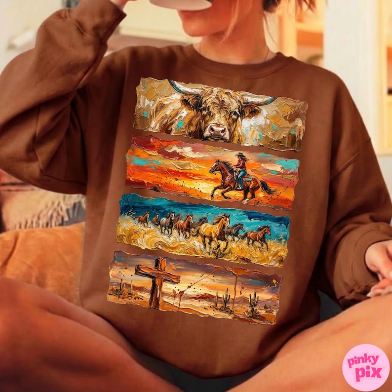 Western Cowboy PNG: Brushstroke Horse Longhorn Cross Sublimation Design, Trending Digital Download image 8