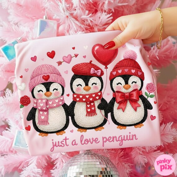 Valentine Penguin Png, Pink Coquette Faux Yarn Heart Love Sublimation Design, Preppy Vday Digital