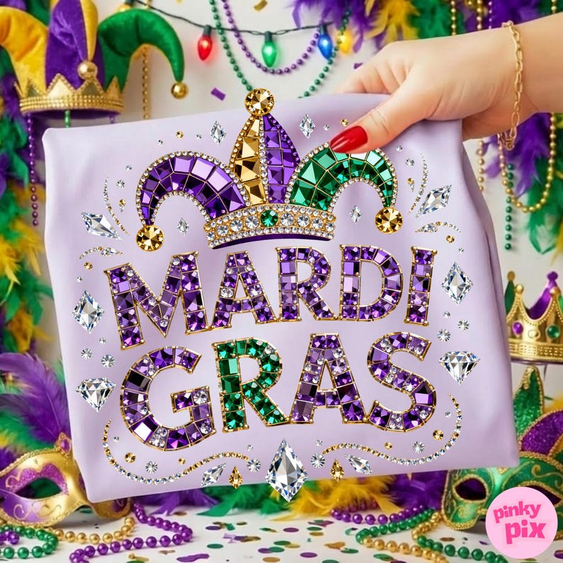 May include: A light purple Mardi Gras themed tote bag with a jeweled crown design and the words "MARDI GRAS" in purple and green gems. The bag is decorated with sparkling gems and gold accents.