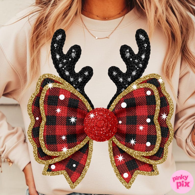 Fuskgarn Buffalo Rutig Rosett PNG: Glitter Antler Jul Sublimeringsdesign bild 2