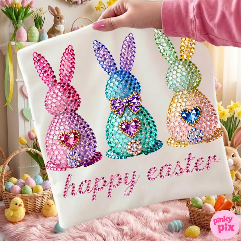 May include: White Easter-themed pillowcase featuring three rhinestone-studded bunny rabbits in pink, blue, and yellow. Each bunny has a heart-shaped gem. The words "happy easter" are written in pink rhinestones.