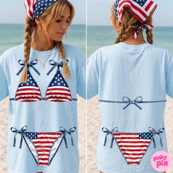 American Flag Bikini PNG: Patriotic 4th of July Denim Coquette Bow Patchwork, Digital Download