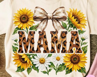 Brushstroke Leopard Mama Sunflower PNG: Floral Coquette Bow Sublimation Design, Trending Digital Download