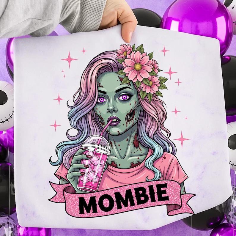 May include: A white print featuring a zombie woman with pink and blue hair, wearing a pink shirt and flower crown, drinking from a pink cup. The word "MOMBIE" is on a pink banner below the image. Pink stars are scattered around the image.