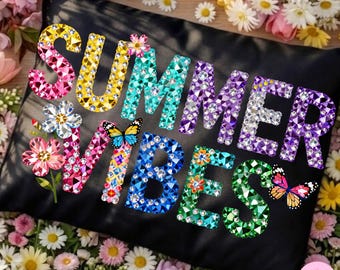 Summer Vibes PNG: Colorful Rhinestone Butterfly Floral Sparkle Design