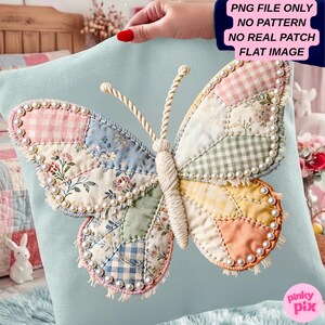 Patchwork Butterfly PNG: Grandmacore Cottagecore Spring Pearl Gingham Faux Quilt Broderi Sublimeringsdesign