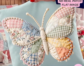 Patchwork Butterfly PNG: Grandmacore Cottagecore Spring Pearl Gingham Faux Quilt Embroidery Sublimation Design