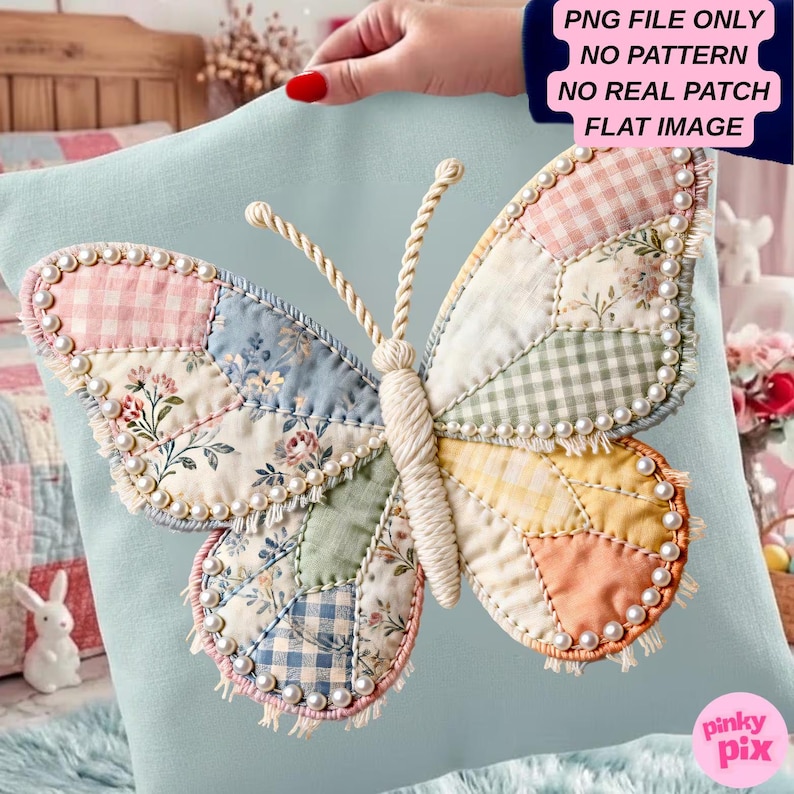 May include: A digital graphic of a butterfly featuring patchwork wings in pastel gingham and floral patterns, outlined with white beads and frayed edges. The body is made of wrapped cream-coloured cord. Text reads: PNG FILE ONLY NO PATTERN NO REAL PATCH FLAT IMAGE.