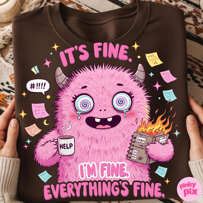 It’s Fine I’m Fine Everything’s Fine PNG – Funny Pink Monster Mental Health Clipart, Chaos Planner Sublimation Design image 5