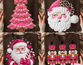Faux Yarn Christmas PNG Bundle: Pink Girly Santa, Nutcracker and Tree Bow Sublimation Design