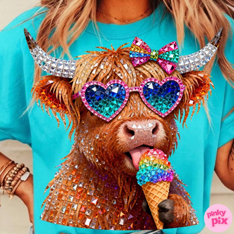 May include: A turquoise t-shirt features a rhinestone-covered Highland cow wearing heart-shaped sunglasses and a rainbow bow. The cow is licking a rainbow ice cream cone. The image has a playful and colorful design.