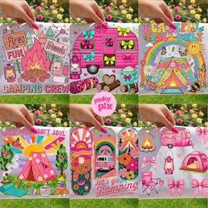 May include: A collection of colorful camping-themed illustrations. Designs include a campfire with text "Fires Fun", a pink camper with bows, and a tent with a rainbow. Other designs include the text "Camping Crew", "Peaceful Vibes Only", and "Let's go Glamping".