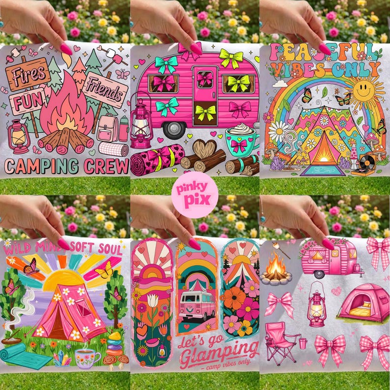 May include: A collection of colorful camping-themed illustrations. Designs include a campfire with text "Fires Fun", a pink camper with bows, and a tent with a rainbow. Other designs include the text "Camping Crew", "Peaceful Vibes Only", and "Let's go Glamping".