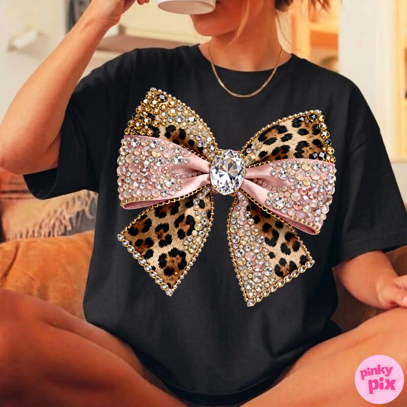 Leopard Rhinestone Bow PNG: Glam Coquette Bling Sparkle Mosaic Ribbon Sublimation Design, Digital Download image 11