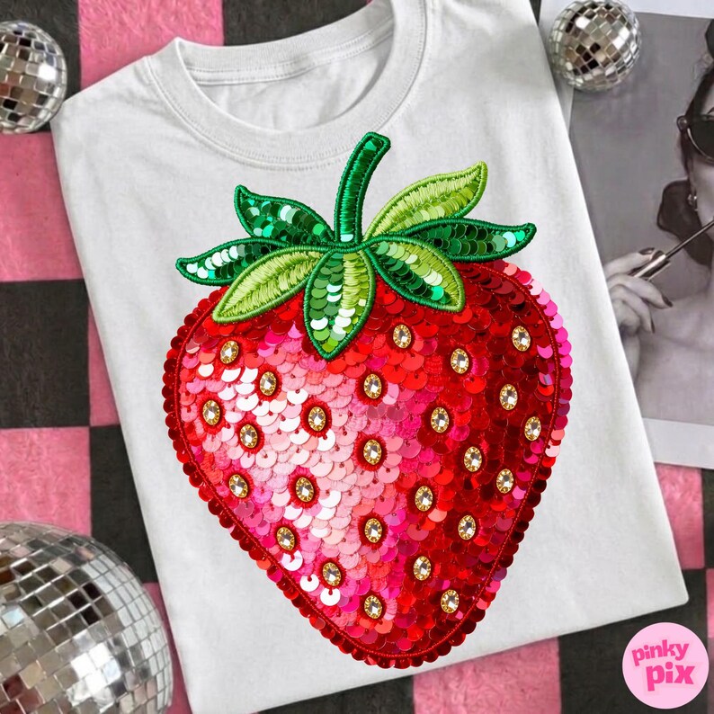 Erdbeer Sommer PNG: Sommer Pailletten Glitzer Cottagecore Stickerei Coquette Girly Fruit Design Bild 3