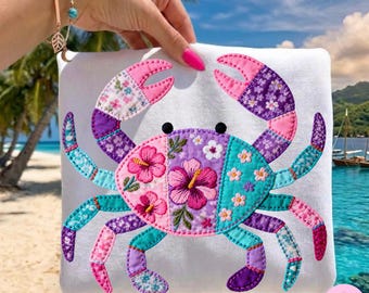 Cangrejo de patchwork PNG: Gráfico digital estilo tela costera acolchada de verano