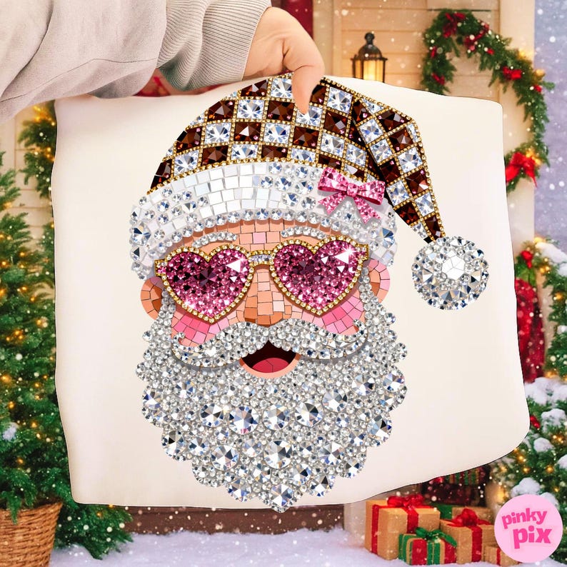 Leopard Christmas Santa PNG: Faux Rhinestone Checkered Bling Spakle Crystal Mosaic Jeweled Design image 5