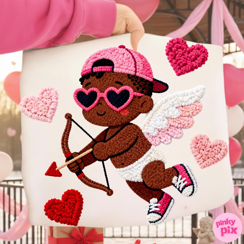 Valentine Cupid PNG, Faux Yarn Afro Angel With Bow Heart Arrow Heart ...