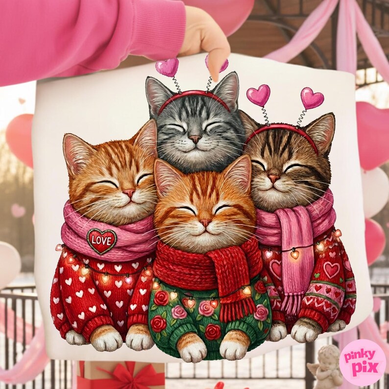 May include: A white pillow featuring a group of four smiling cartoon cats. The cats wear sweaters and scarves, with heart-shaped headbands. The sweaters are red and green, decorated with hearts and roses. The scarves are pink and red.