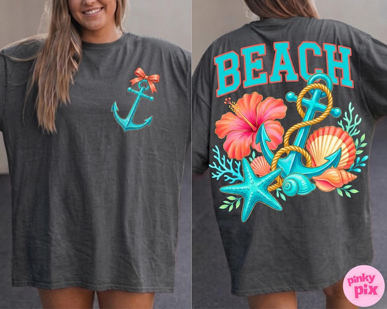 May include: Dark grey t-shirt with a turquoise anchor and orange bow on the front. The back features the word "BEACH" in turquoise letters, along with a floral and nautical design including an anchor, starfish, and seashells.
