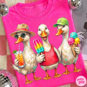 May include: A hot pink t-shirt featuring a graphic of three cartoon ducks enjoying summer treats. One duck wears sunglasses and a straw hat, holding a drink. Another holds a popsicle, and the third has an ice cream cone. The Pinky Pix logo is in the bottom right.