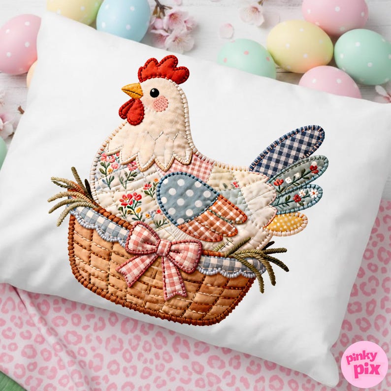 Op de afbeelding: Wit kussen met een patchwork kippenontwerp. De kip zit in een mand met een roze ruitjesstrik. De kip heeft een rode kam en lellen, en de vleugels zijn gemaakt van verschillende stoffen met patronen. Paasthema.