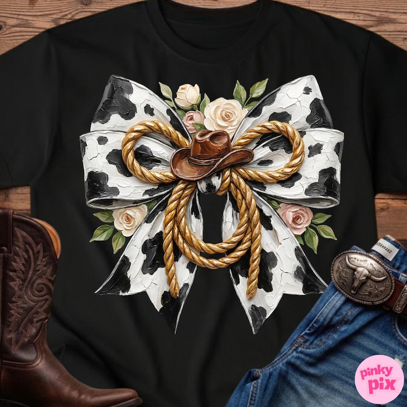 May include: Black t-shirt featuring a cow print bow design with a brown cowboy hat, rope, and floral accents. The bow has a black and white pattern. The design is centered on the shirt.