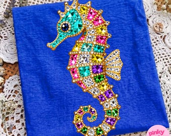 Seahorse PNG: Rhinestone Summer Coastal Ocean Gem Sublimation Design, Trending Digital Download
