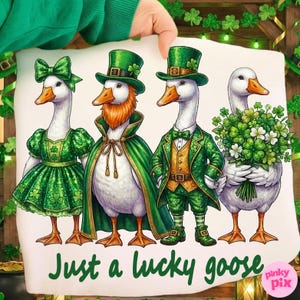 May include: An illustration depicts four geese in St. Patrick's Day outfits. One wears a green dress and bow, another has a red beard and cape, and a third is in a green suit. The last goose holds shamrocks. The text reads "Just a lucky goose."