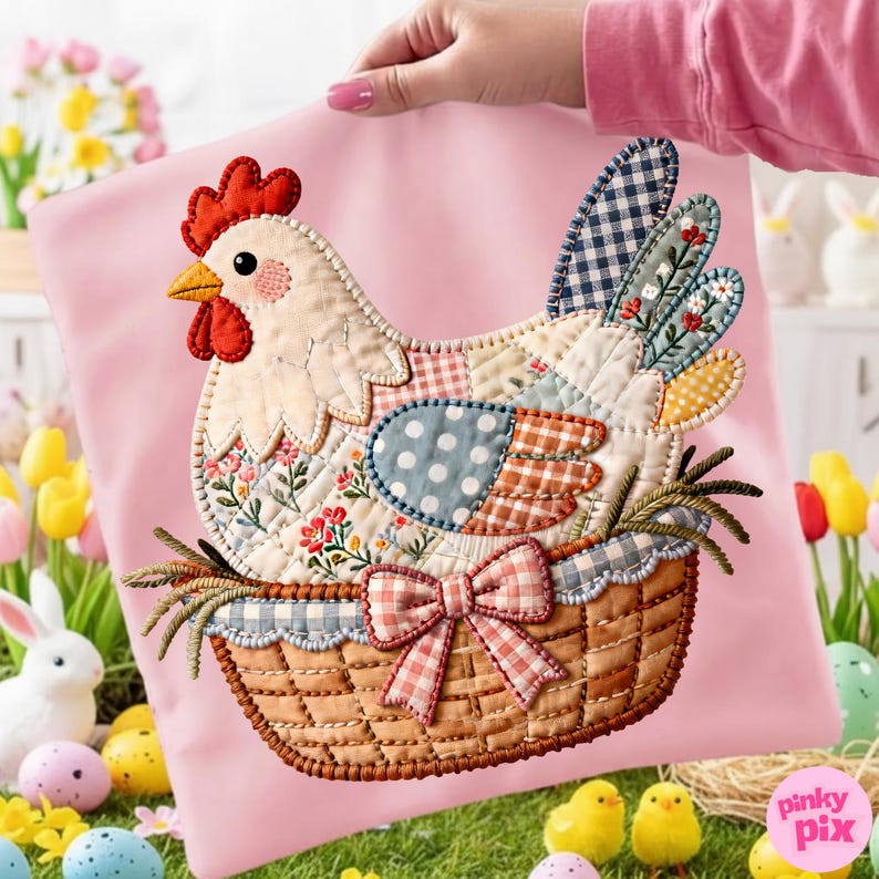 Op de afbeelding: Een roze kussen met een patchwork kippenontwerp. De kip is wit met rode, blauwe en bloemmotieven, zittend in een geweven mand met een ruitjesstrik. Het kussen wordt door een persoon vastgehouden.