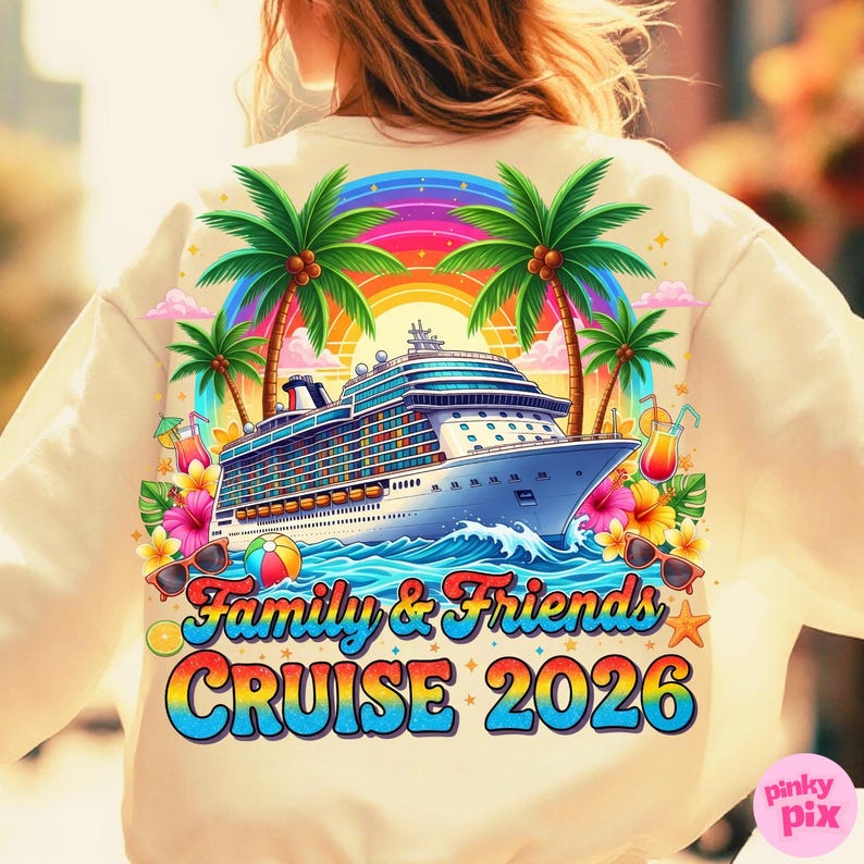 Może przedstawiać: Kremowa bluza z nadrukiem statku wycieczkowego, palmami i tęczą. Projekt zawiera napis "Family & Friends CRUISE 2026", fale, okulary przeciwsłoneczne i tropikalne kwiaty. Odzież o tematyce wakacyjnej.