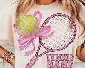 Coquette Tennis PNG, Pink Bow Tennis Sublimation Design, Sporty Girl Shirt Design, Tennis Mom Shirt PNG, Pink Leopard Tennis Racket Clipart