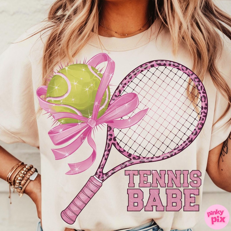 Coquette Tennis PNG, Pink Bow Tennis Sublimation Design, Sporty Girl Shirt Design, Tennis Mom Shirt PNG, Pink Leopard Tennis Racket Clipart image 1