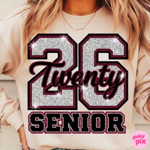 Senior 2026 PNG: Maroon, Black, and Silver Glitter Effect Graduation Sublimation Design, Digital Download image 3