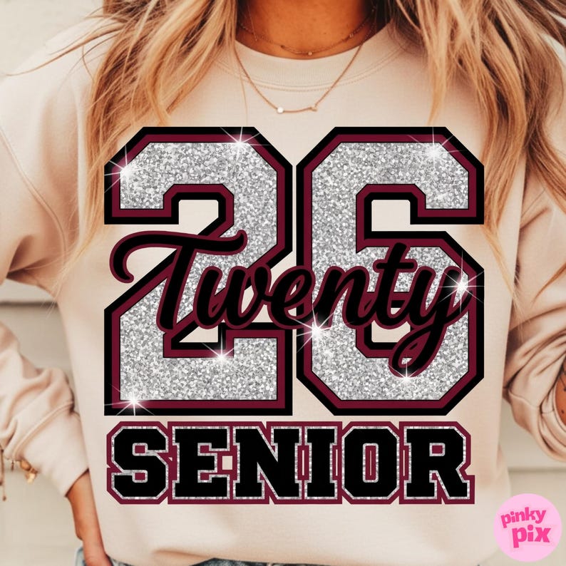Senior 2026 PNG: Maroon, Black, and Silver Glitter Effect Graduation Sublimation Design, Digital Download image 3