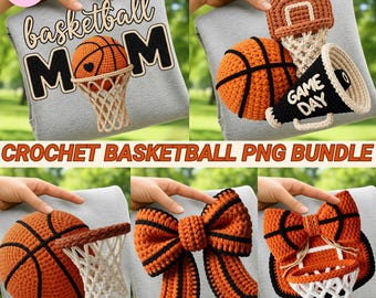 Paquete PNG de día de partido de baloncesto con hilo sintético: Diseño deportivo retro de crochet por sublimación, descarga digital para tejido en aro