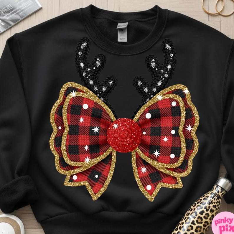 Fuskgarn Buffalo Rutig Rosett PNG: Glitter Antler Jul Sublimeringsdesign bild 10