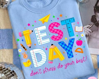 Test Day PNG: School Icons Colorful Pencil Ruler Notebook Graphic Sublimation Design, Digital Download
