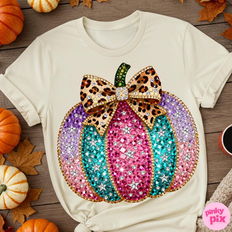 Op de afbeelding: Een cr&egrave;mekleurig t-shirt met een grote afbeelding van een pompoen versierd met veelkleurige strass-steentjes in roze, turquoise en paarse tinten, geaccentueerd met zilveren stervormige studs en een strik met luipaardprint met strass-rand.