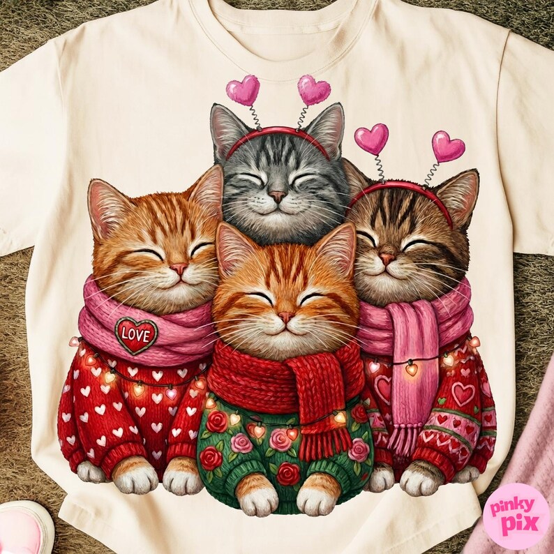 May include: A cream-colored t-shirt featuring a graphic of four smiling cats. The cats wear red and green sweaters, pink scarves, and heart-shaped headbands. One scarf has the word "LOVE".