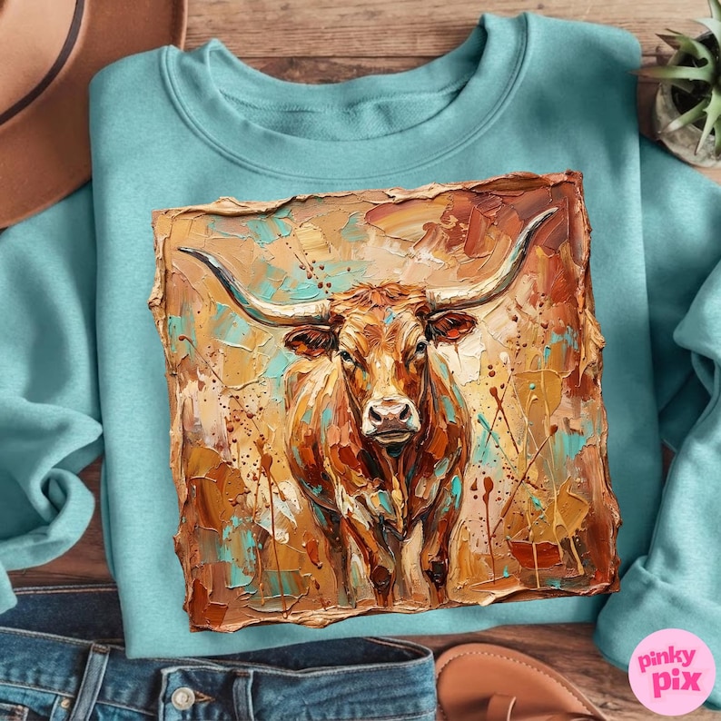May include: A light blue sweatshirt featuring a detailed, textured painting of a longhorn. The artwork is predominantly brown, with accents of orange, yellow, and turquoise. The longhorn's horns are prominently displayed, and the overall style is rustic.