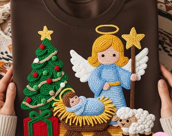 Faux Yarn Nativity Scene PNG: Crochet Angel Faith Christmas Sublimation Design